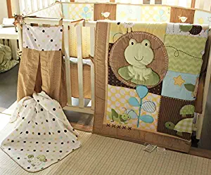9-Piece Crib Nursery Cute Frog Theme Bedding Sets Cotton Turtle and Bees Embroidered Crib Bedding Comforter Set with Bumpers for Baby Boys and Girls Green