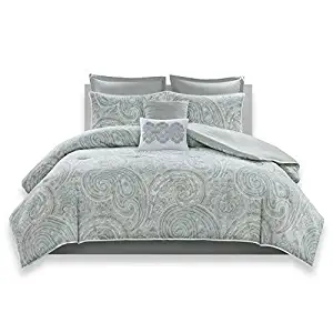 Comfort Spaces Kashmir 8 Piece Comforter Set Hypoallergenic Microfiber Lightweight All Season Paisley Print Bedding, King, Soft Blue
