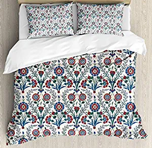 Twin Size Moroccan 4 Piece Bedding Set Duvet Cover Set, Old Ethnic Floral Ornament Pattern with Swirled Florets and Leaf Turkish Artwork, Comforter Cover Bedspread Pillow Cases with Zipper Closure