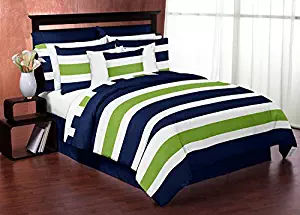 Sweet Jojo Designs 3-Piece Navy Blue Lime Green and White Childrens, Kids, Teen Full/Queen Boys Stripe Bedding Set Collection