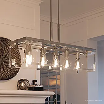 Luxury Modern Farmhouse Chandelier, Large Size: 15.75"H x 36.75"W, with Industrial Chic Style Elements, Brushed Nickel Finish and Clear Shade, UHP2441 from The Bristol Collection by Urban Ambiance