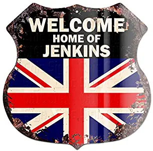Welcome Home of Jenkins United Kindom Flag Custom Personalized Chic Tin Sign Vintage Retro 11.5”x 11.5” Shield Metal Plate Store Home Man cave Decor Funny Gift Ideas