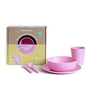 Bobo&Boo Bamboo 5 Piece Children’s Dinnerware, Blossom Pink, Non Toxic & Eco Friendly Kids Mealtime Set for Healthy Infant Feeding, Great Gift for Birthdays, Christmas & Preschool Graduations