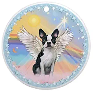 Yilooom Clouds/Boston Terrier Angel Flat Porcelain Ceramic Ornament Round-Christmas/Holiday/Love/Anniversary/Newlyweds/Keepsake - 3" in Diameter