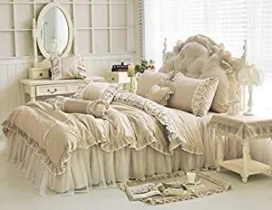 LELVA Shabby Ruffle Duvet Cover Set Twin Cotton Chic Wrinkle Girls Bedding Khaki 4 Piece Romantic Lace Design Bed Skirt