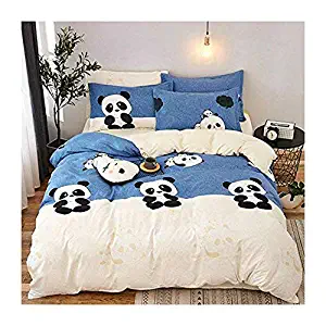 KFZ Panda Printed Blue Beige Color Bed Set [4pcs Bedding -78”x90”Duvet Cover, Flat Sheet,2 Pillow Cases. No Comforter] Animal Theme, Quality Microfiber, Soft, 100% Kids Safe (Cute Panda, Queen)