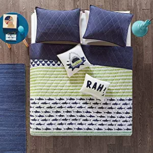 Urban Habitat Kids Finn Full/Queen Bedding Sets Boys Quilt Set - Green, Navy , Shark Stripe – 5 Piece Kids Quilt For Boys – 100% Cotton Quilt Sets Coverlet