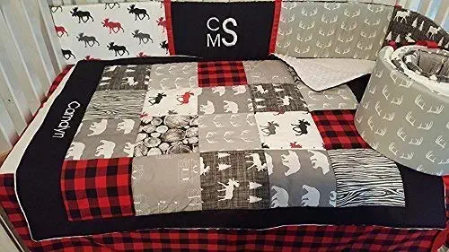 Lumberjack woodland 1 to 4 Piece baby boy nursery crib bedding, Personalized, Quilt with minky dot back, bumper, bed skirt,crib sheet, moose, bear, logs, buffalo plaid,cabin,Gray,black,red,white
