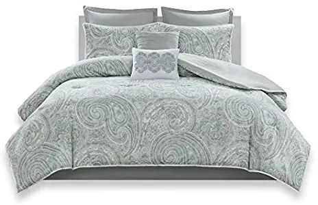 Comfort Spaces Kashmir 8 Piece Comforter Set Hypoallergenic Microfiber Lightweight All Season Paisley Print Bedding, Full/Queen, Soft Blue