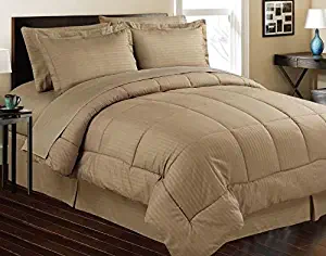 600 Thread Count 1 Pc Comforter (300 GSM Micro Fill Diamond Box Stitched) RV/Camper Short Queen Size (86x86 Inches) Taupe Stripe 100% Egyptian Cotton