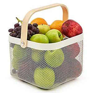 EZOWare White Mesh Steel Storage Organizer Basket Bin with Wood Handle Ideal for Kitchen Bathroom Pantry Cabinets Home Decor - White (1 Pack)