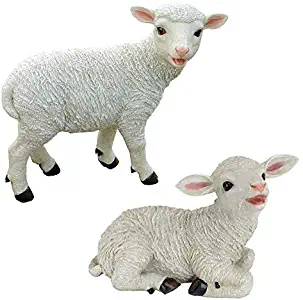 Design Toscano Yorkshire Lamb Garden Farm Animal Statues, 15 Inch, Set of Two Standing and Sitting, Polyresin, Full Color