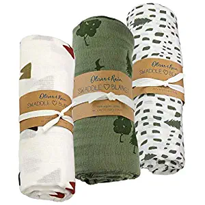 Oliver & Rain Baby Swaddle Sampler - 3-Pack Newborn 100% Organic Cotton Muslin Swaddle Blankets in Green Tree & Mountain Print