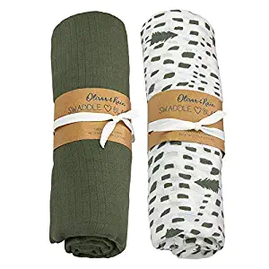 Oliver & Rain Organic Muslin Swaddle Sampler, 2-pack Newborns - Olive and Green Tree Print