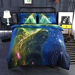 Ammybeddings 4PCs Green Galaxy Comforter Cover Set King Size Starry Sky Duvet Cover Set for Kids Luxury Home Decor Bedding 1 Flat Sheet 1 Duvet Cover 2 Pillow Shams(No Comforter No Fitted Sheet)