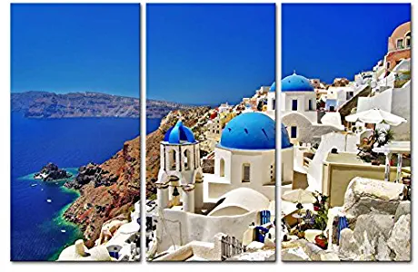 Canvas Print Wall Art Painting For Home Decor Oia Town On Santorini Island Greece. Traditional And Famous White Houses And Churches With Blue Domes Over The Caldera Aegean Sea 3 Piece Panel Paintings Modern Giclee Stretched And Framed Artwork The Picture For Living Room Decoration Landscape Pictures Photo Prints On Canvas