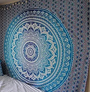 Large Blue Tapestry Queen Size Blue Ombre Tapestry Wall Hanging, Big Hippie Mandala Tapestry Bohemian Bedspread Ethnic Dorm Decor Blue and white Mandala Tapestry hippie tapestries by RSG Venture