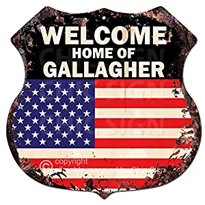 America Flag Welcome Home of Gallagher Family Name Chic Sign Vintage Retro Rustic 11.5"x 11.5" Shield Metal Plate Store Home Room Wall Decor Gift