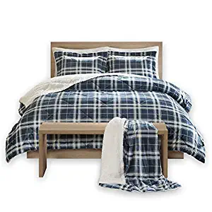 Comfort Spaces Aaron Sherpa 4 Piece Comforter and Throw Combo Set, Soft and Warm Checker Plaid Pattern Cold Weather Bedding, Full/Queen, Blue