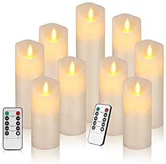 Flameless Candles Battery Operated Candles Set of 9 Ivory Real Wax Pillar LED Candles with Real Wax Pillar Flickering LED Candles with 10-Key Remote Control 2/4/6/8 Hours Timer