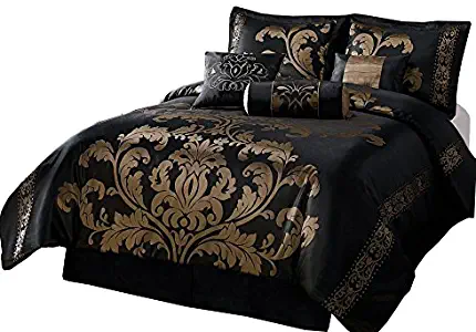 Chezmoi Collection 7-Piece Jacquard Floral Comforter Set Bed-in-a-Bag, California King, Black/Gold