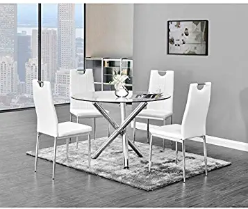 Best Master Furniture Crystal 5 Pcs Round Glass Top Dinette Set 5-Piece, White