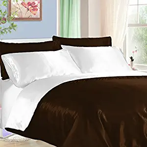 Sao's Silvalinen 3 Pc Reversible Duvet Set 300 Thread Count (1 Duvet Cover 2 Pillow Shams) Luxury Soft Silky Full/Queen Size 100% Satin by Color Chocolate/White