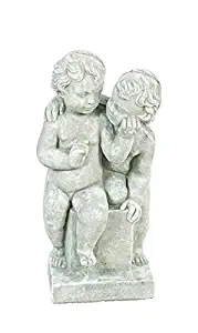 Solid Rock Stoneworks Twin Cherubs Stone Statue 20in Tall Marble Tone Color