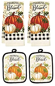 Northeast Home Goods Cotton Hand Kitchen Dish Towels and Potholders, 4-Piece Set (Thankful Blessed Pumpkins Checkered)