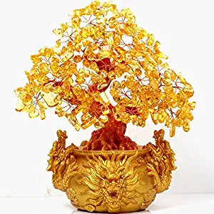 VOVOV Feng Shui Citrine/Yellow Crytal Money Tree Chinese Dragon Pots