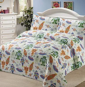 Luxury Home Collection 2 Piece Twin Size Quilt Coverlet Bedspread Bedding Set for Kids Teens Boys Robots Solar System Rockets Space Ships Stars Blue Green Red Yellow Orange (Twin Size)