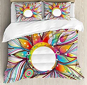 Twin Size Abstract 4 Piece Bedding Set Duvet Cover Set, Absurd Vector Smoky Wavy Floral Design with Rainbow alike Stripes and Lines Print, Comforter Cover Bedspread Pillow Cases with Zipper Closure