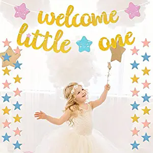 Welcome Little One Banner Star Garland Baby Shower Gender Reveal Themed Birthday Party Supplies Glitter Decor