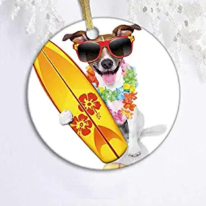 128 buyloii Ride The WavSurfer Puppy with Sunglasses and Tropical Hibiscus Flowers Hawaiian Dog Print,Multicolor Round Xmas Gifts Christmas Tree Ornaments Ideas 2019