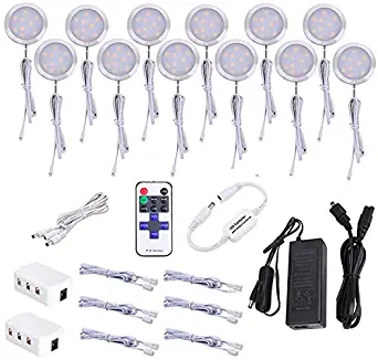 AIBOO Under Cabinet Lighting Kit, Plug in LED Puck Lights with Wireless Dimmable RF Remote Control,12v Stick on Lights for Kitchen Counter, Closet and Shelves(12 kit,Warm White)
