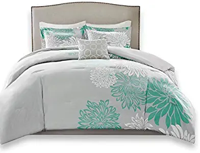 Comfort Spaces Enya 5 Piece Comforter Set Ultra Soft Hypoallergenic Microfiber Floral Print Bedding, King, Aqua/Grey