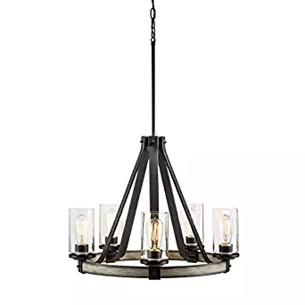 Barrington 5-Light Anvil Iron and Driftwood Rustic Clear Glass Candle Chandelier 24.02-in