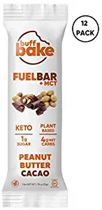 Buff Bake Keto Fuel Bar + MCT Oil - Ketogenic | Plant Based | Gluten Free | 12g of Protein | 1 Gram Sugar | 4 Gram Net Carbs | (12 Count, 50g) (Peanut Butter Cacao, 12 Count)