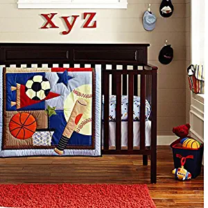 6-Piece Crib Nursery Bedding Sports Sets 100% Cotton Star Baby Boys Patchwork Quilt Crib Bedding in a Bag Dark Blue