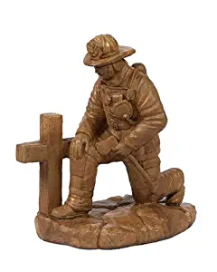 Solid Rock Stoneworks Kneeling Fireman at Cross Stone Statue 19in Tall Autumn Wheat Color