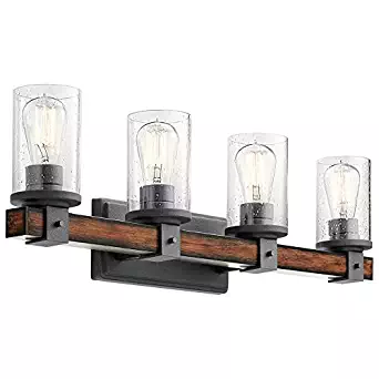 4 Light Barrington Distressed Black and Wood Bathroom Vanity Light