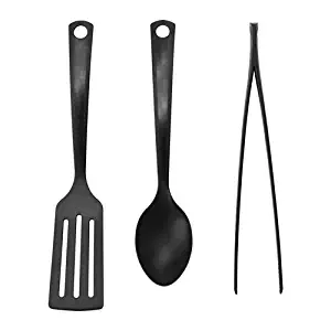 _IKEA 3-piece kitchen utensil set. Black Cooking tongs, spoon and turner. Gentle to pots and pans with non-stick coating and Dishwasher-safe