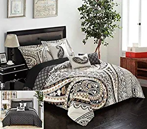 Chic Home Del Mar 10 Piece Comforter Complete Bed in a Bag Set GSM Microfiber Large Scale Paisley Print with Contemporary Geometric Pattern Bedding with Sheet Sets Decorative Pillow Shams, Queen Beige