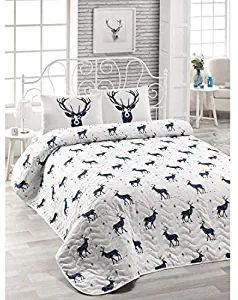 OZINCI DecoMood Deer Bedding, Full/Queen Size Bedspread/Coverlet Set for Christmas and New Year, Blue White Bed Set,