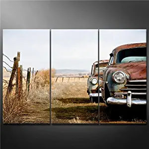 Canvas Print Wall Art Painting for Home Decor vintage Cars Abandoned and Rusting Away in Rural Wyoming 3 Pieces Panel Paintings Modern Giclee Stretched and Framed Artwork the Picture for Living Room Decoration car Pictures Photo Prints on Canvas