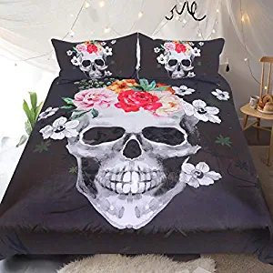 Sleepwish Sugar Skull Bedding Set Skull and Red Roses Bedspread South Africa Skull Duvet Covers Red and Black Bed Set (Twin)