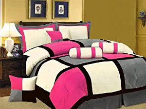 Grand Linen Oversize Hot Pink/Black/Grey Comforter Set Micro Suede Patchwork Bed in A Bag Full Size Bedding