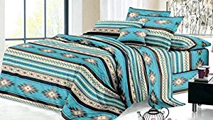 Rustic Western Southwest Native American Design 4 Piece Sheet Set Navajo Print Multicolor Ivory Beige Turquoise Blue and Black 17426 Full Turquoise Sheet Set