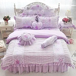 LELVA Vintage Lace Wrinkle Design Duvet Cover Set with Bed Skirt Twin 4 Piece Romantic Floral Ruffle Bedding for Girls Purple