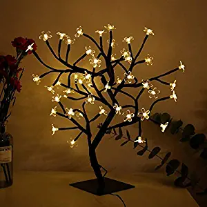 Bonsai Cherry Blossom Tree Light 48 LED Soft Crystal Cherry Flower Black Branches Smart Timer Battery Operated Adjustable for Desk Window Ideal Décor Party Festival Spring Summer Night (warm white)